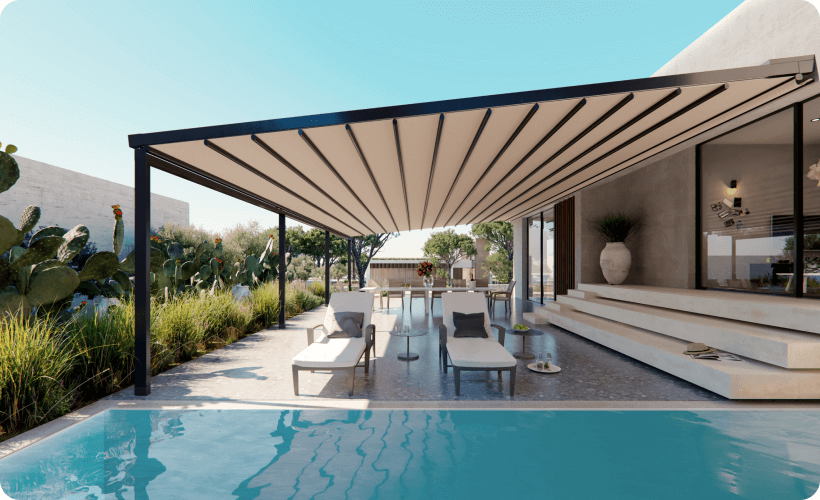 Large outdoor living space covered by pergola