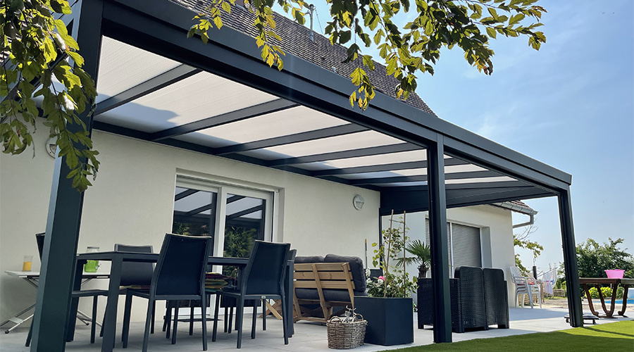 Outdoor dining space under a pergola